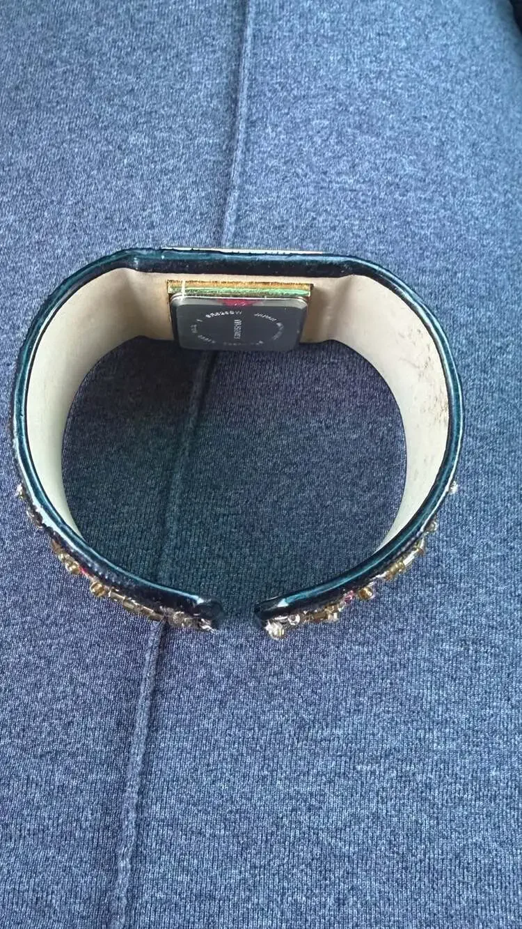 Vintage Avon Boho Floral Embroidered Wide Cuff Watch Beaded Sequined Square Gold